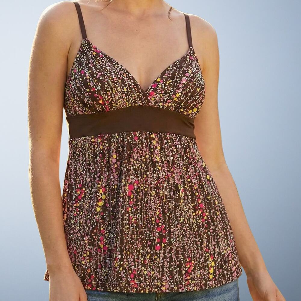 Forever 21 Vintage Brown Floral Babydoll Tank Top Confetti Print Boho Y2K Small - Picture 1 of 6